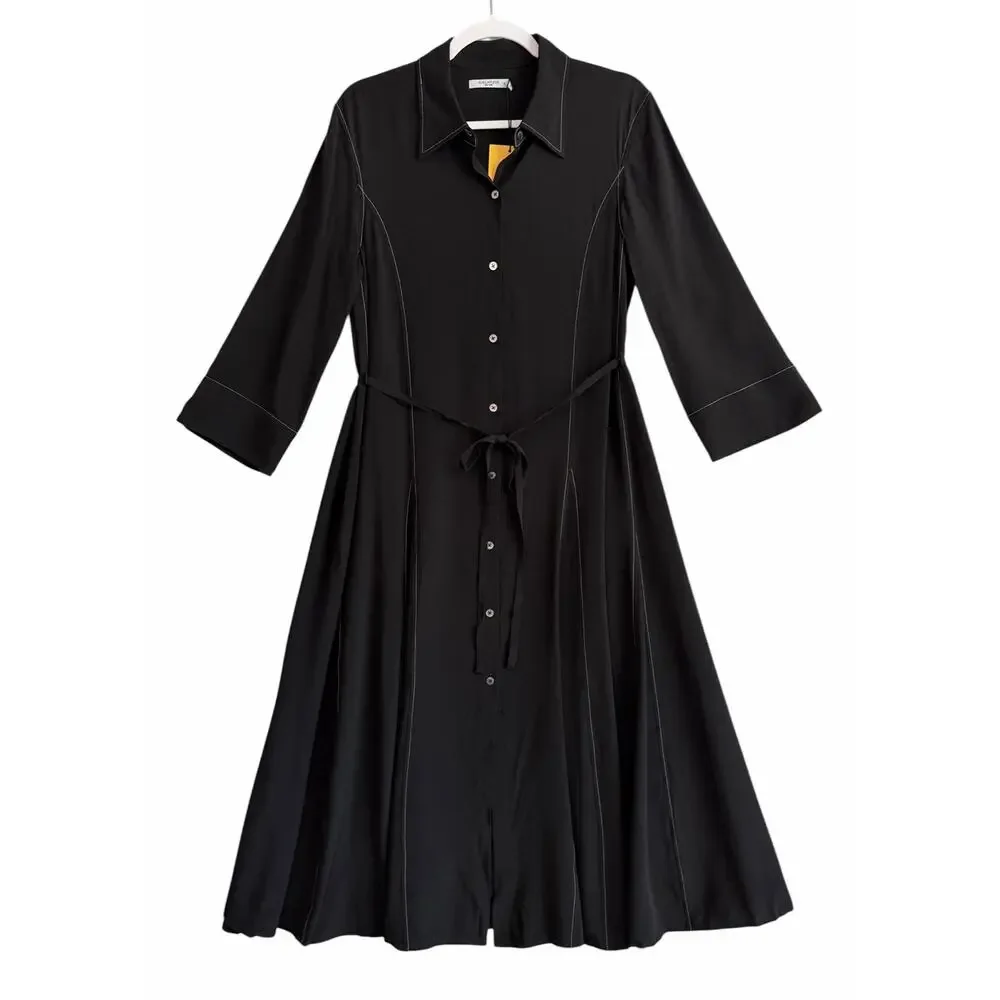 MM Lafleur The Pepper Midi Dress Black Top Stitch Medium Washable Silk Chic NWT - Picture 8 of 15